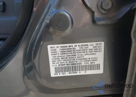 2008 Honda Pilot Se из США, поврежденный, VIN 5FNYF18318B024987
